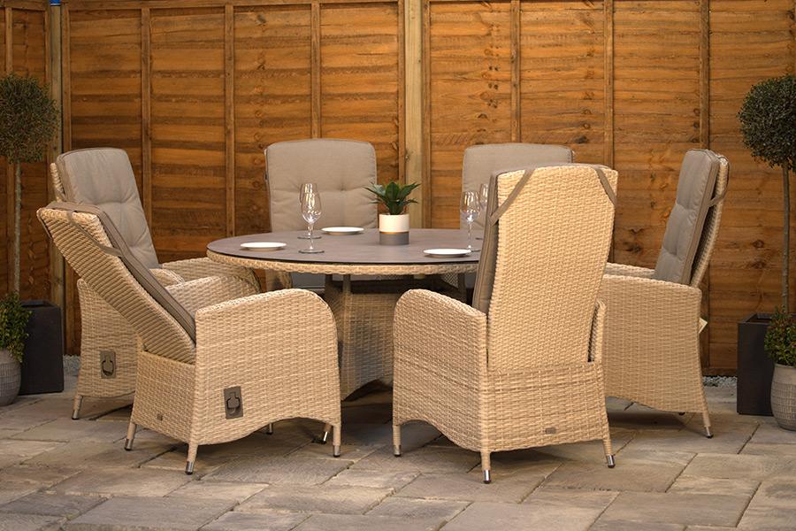 Burbage 6 Seater Round Reclining Rattan Dining Set in Latte