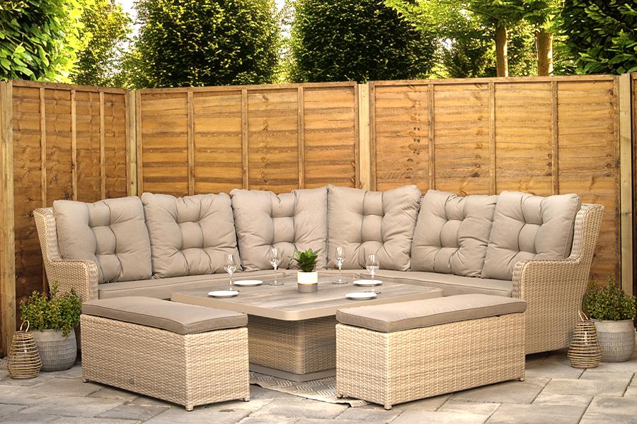 Burbage Large Rattan Corner Lounge Set with Height Adjustable Table in Latte
