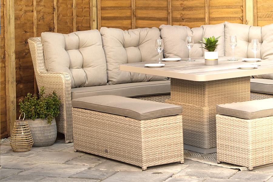 Burbage Large Rattan Corner Lounge Set with Height Adjustable Table in Latte